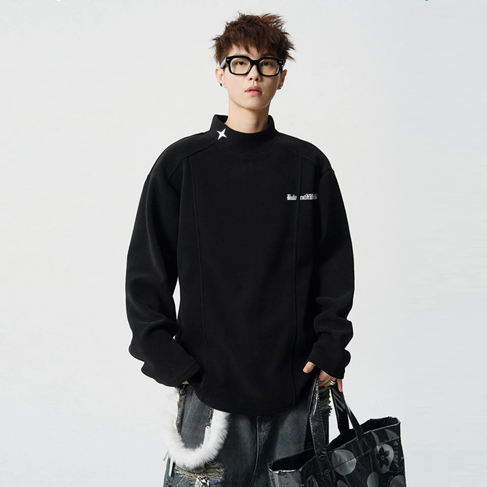 毛茸茸德绒纯色秋冬季加绒加厚长袖半高领打底衫内搭男白色T恤女