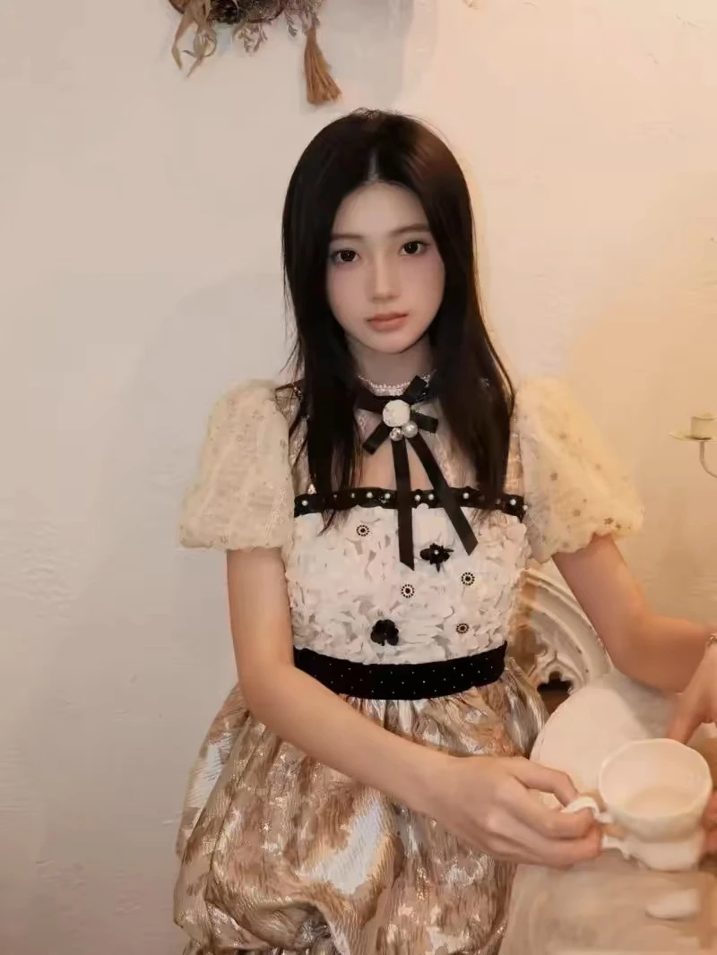 花颜法式复古泡泡袖蛋糕连衣裙优雅浪漫显瘦设计中款