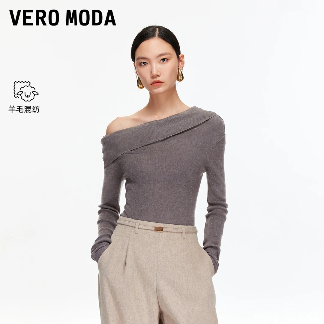 Vero Moda针织衫2025冬季新款含绵羊毛一字肩亮丝优雅325424012