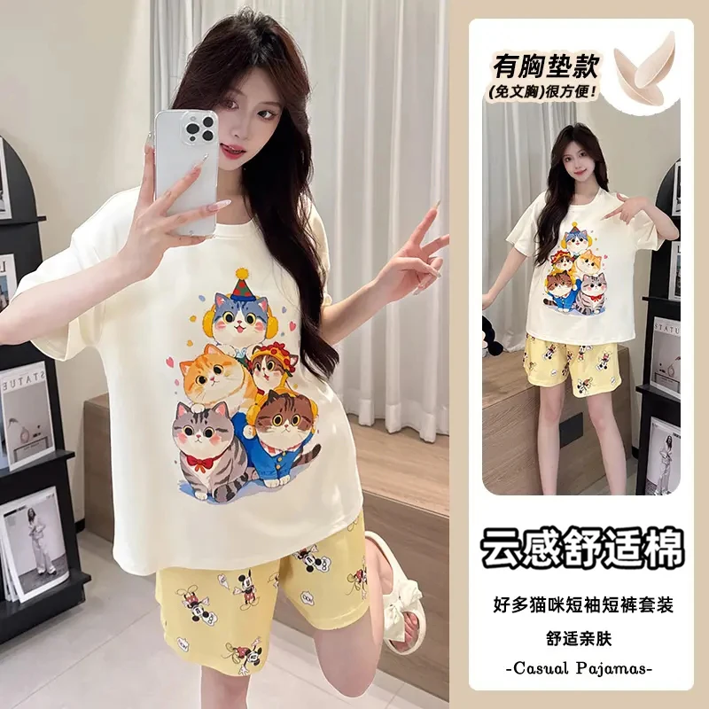2025新款睡衣女款夏季针织棉短袖薄款可爱卡通带胸垫家居服可外穿