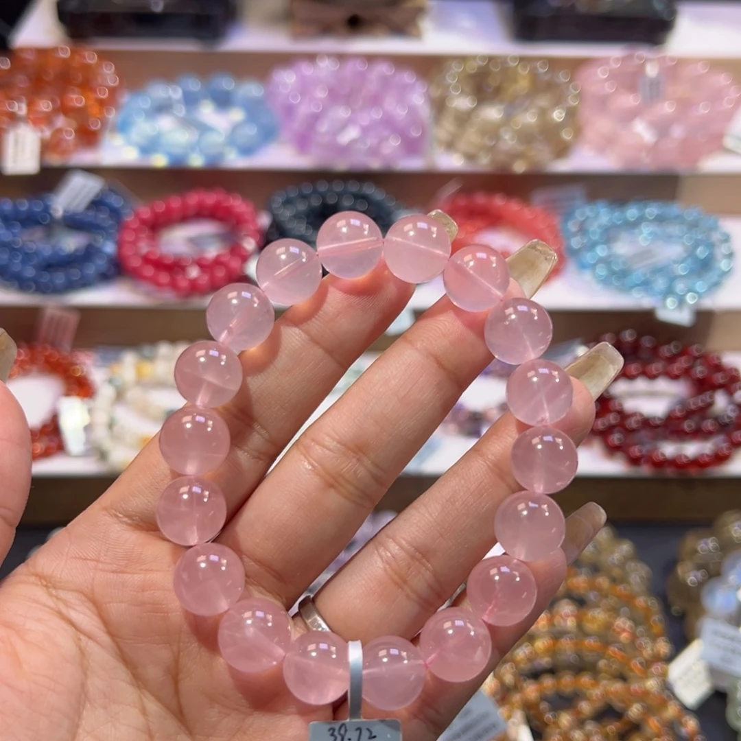 水晶手串未镶嵌老矿蜜桃马粉11.5mm