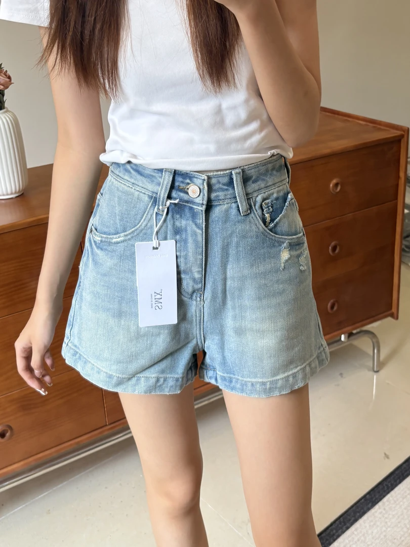 【81029】夏季高腰无弹力短裤 不规则破洞设计