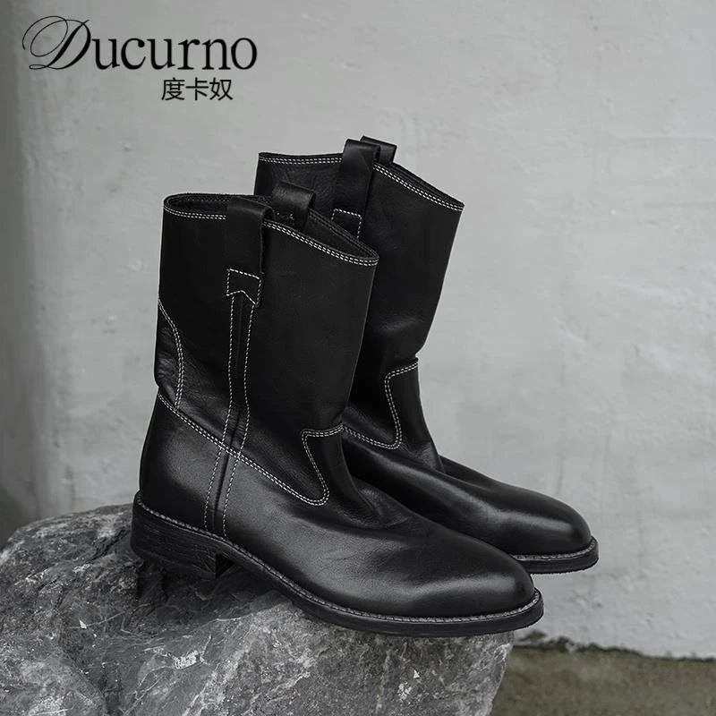 爆推！质感超顶~！头层牛皮棕色美拉德西部靴女车线中筒牛仔靴v口