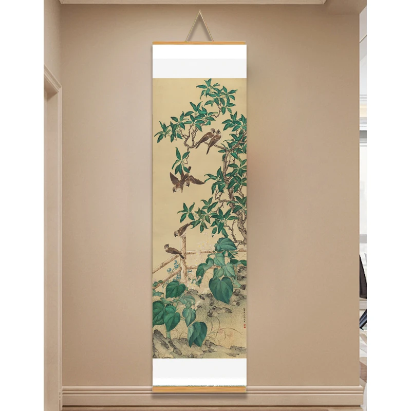[236梧桐山雀图]60x200cm现代简约挂轴装饰画办公室家居装饰画