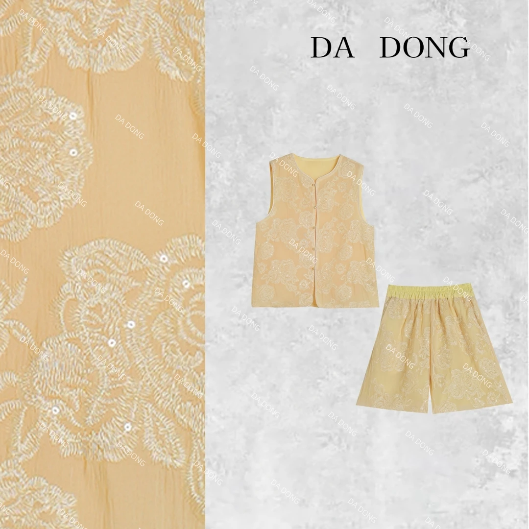 密花--中式国风气质时尚百搭夏季复古无袖提花短袖马甲短裤三件套