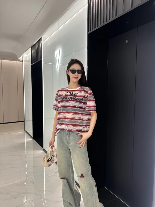 CNC上衣 ｜条纹拼接撞色百搭三色纱T恤2036