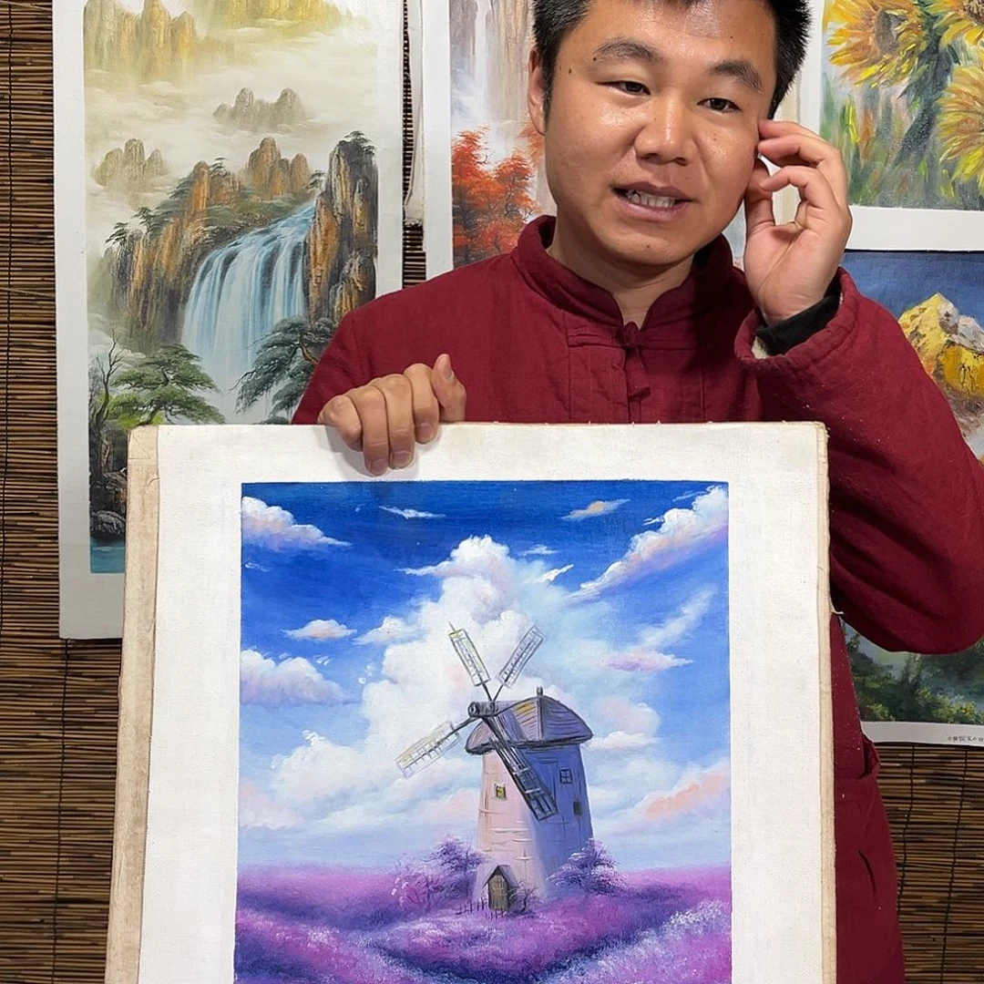 油画行路人小院绘画