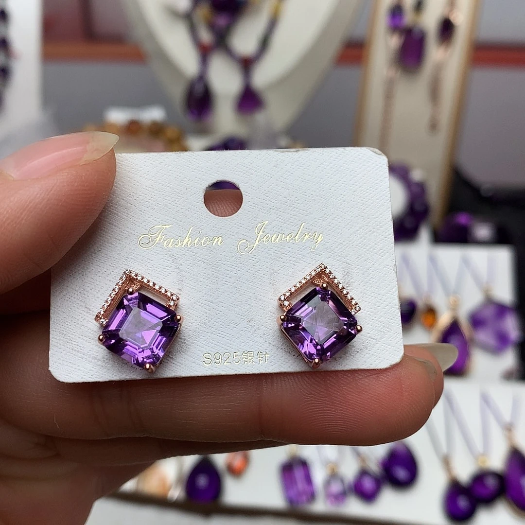 紫晶银S925镶嵌耳饰L