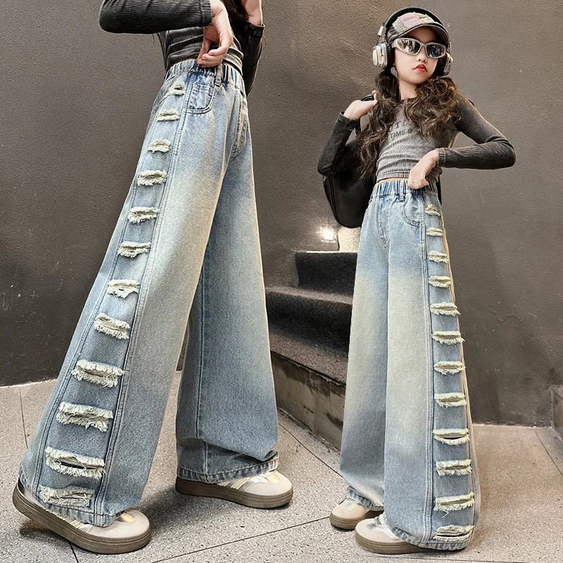 女童破洞牛仔裤春秋装2025新款中大童阔腿裤女孩春季宽松休闲裤子