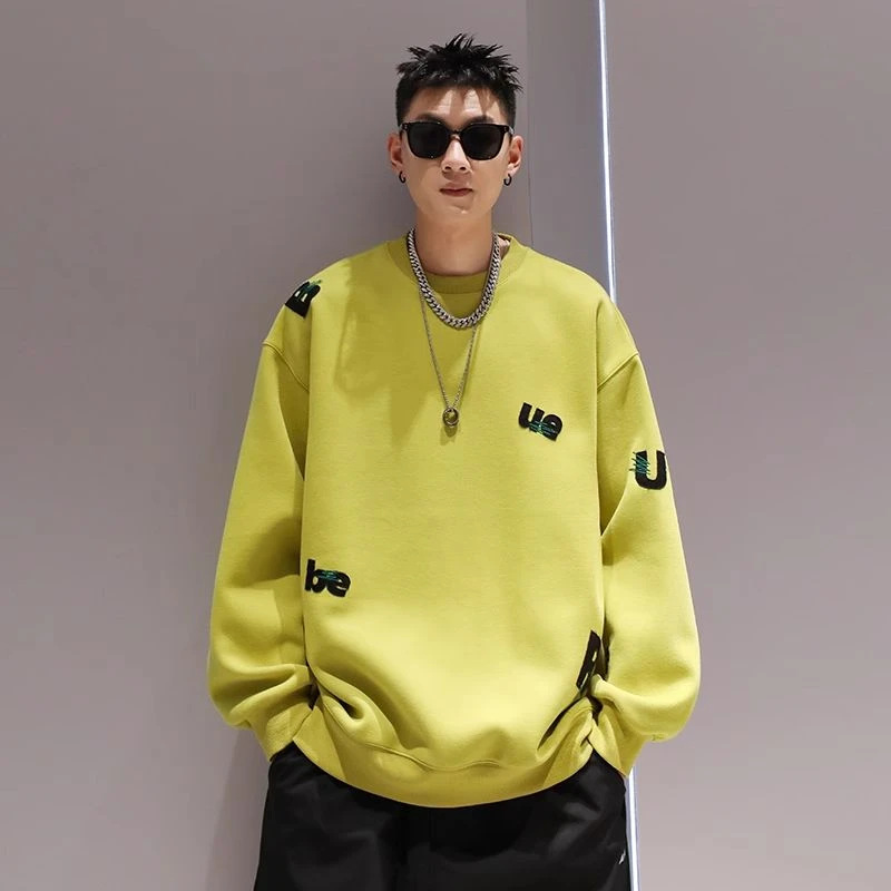 美式字母刺绣圆领厚棉男长袖春秋感宽松休闲潮牌上衣