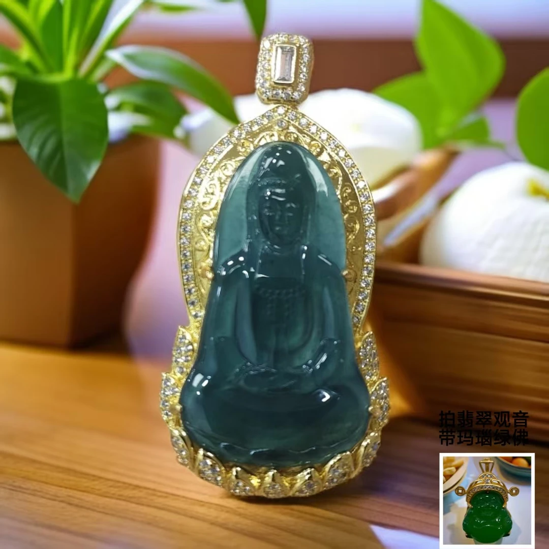 翡翠 观音 镶嵌 吊坠 带 绿佛  带礼盒 CC 605
