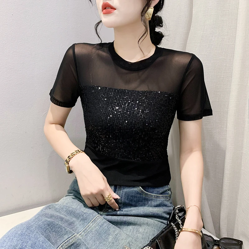 欧货亮片短袖T恤女2025年夏季新款网纱拼接修身显瘦上衣