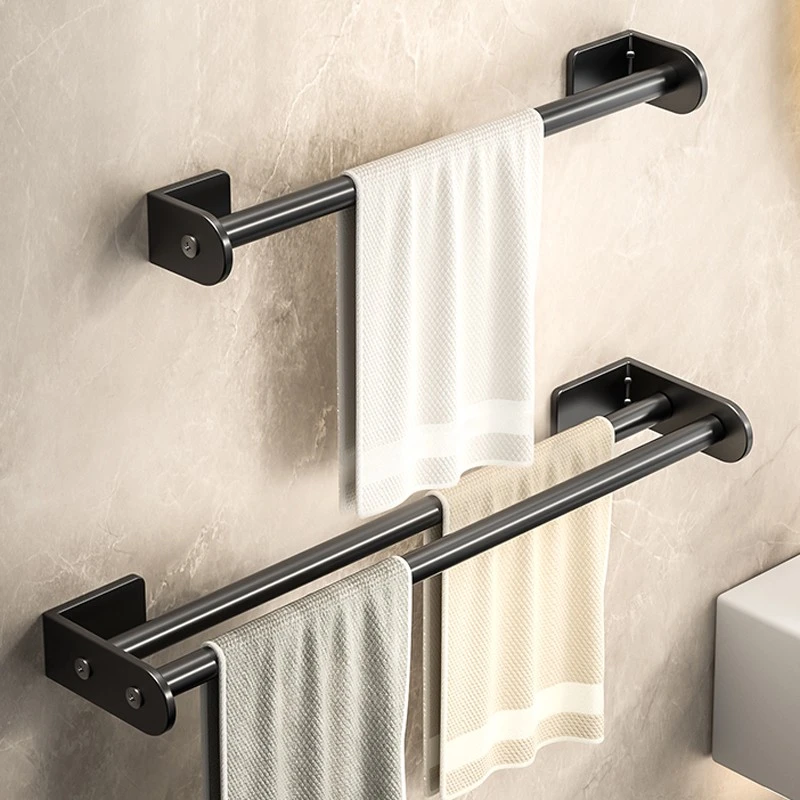 新款浴室挂件毛巾架枪灰双杆免打孔卫生间挂毛巾杆轻奢浴巾置物架