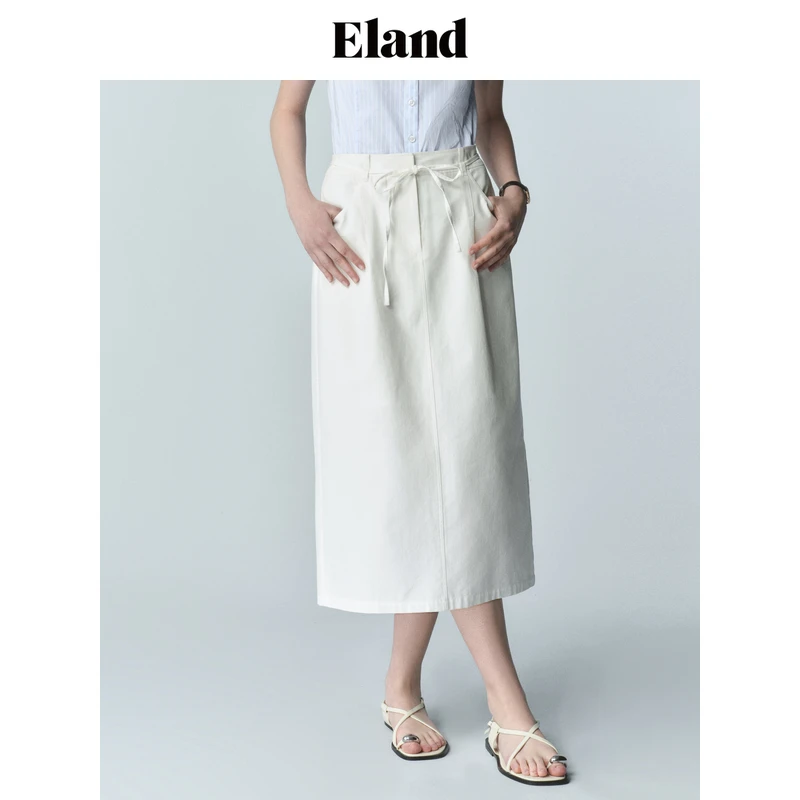 Eland衣恋高智感女士后开叉直筒束腰系带长裙气质风EEWHF24T72