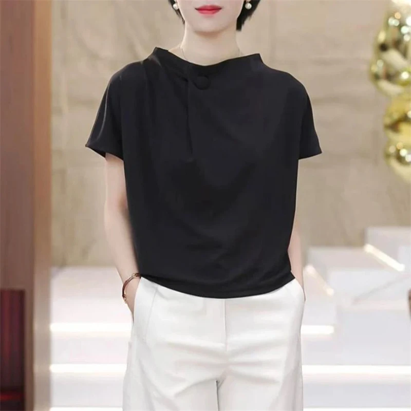 黑色短袖T恤女2025夏季新款韩版宽松遮肚显瘦设计感正肩上衣潮牌
