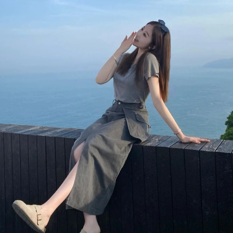 夏季网红炸街盐系酷飒拽姐休闲时尚复古港风上衣半身裙两件套装女