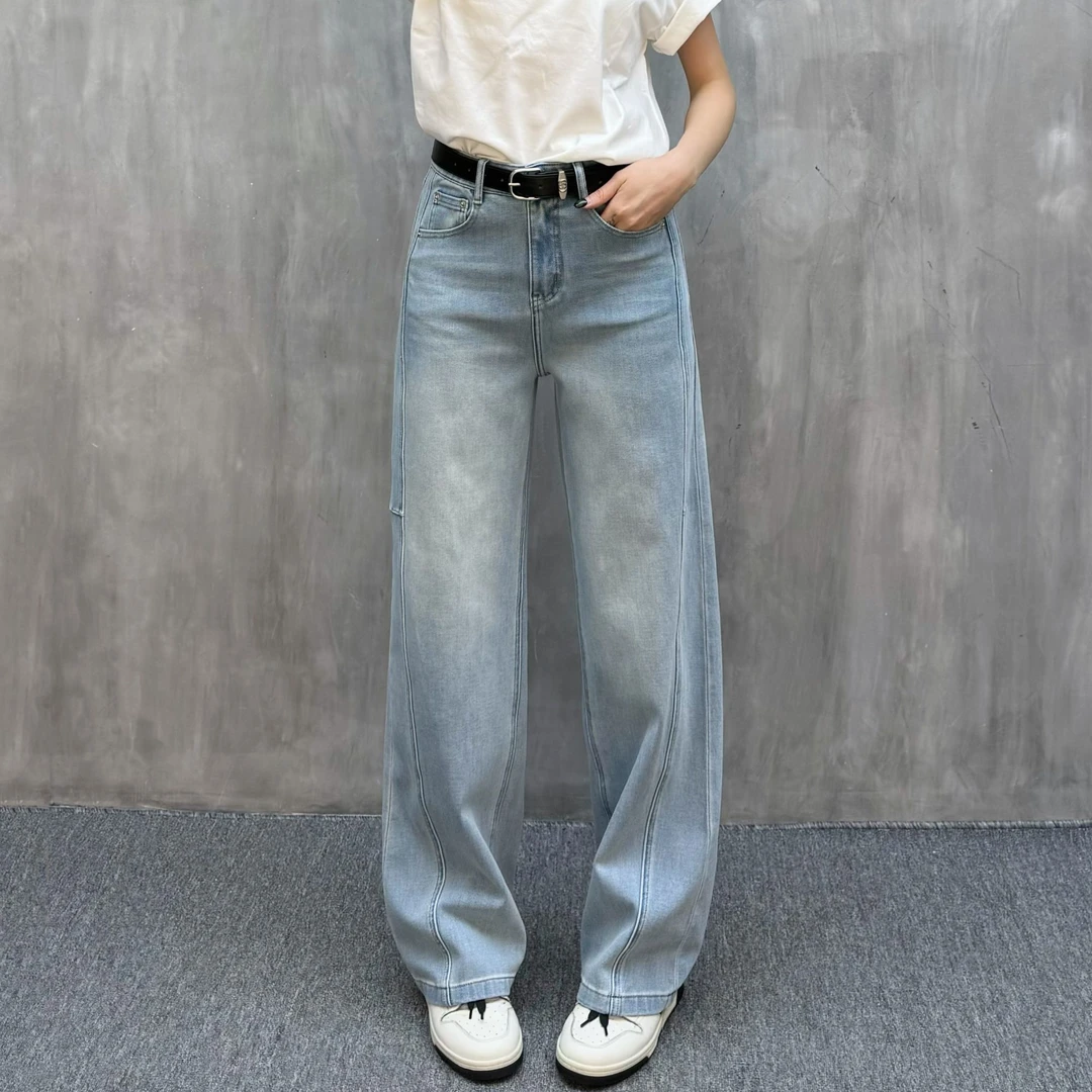 【裤博汇】55027春季新款中性蓝高腰四面弹简约窄版弯刀直筒牛仔裤