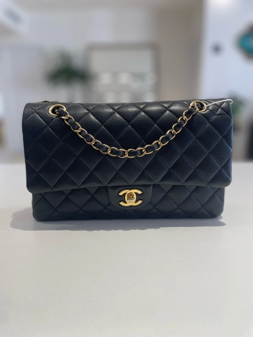 99新 Chanel/香奈儿 黑金羊皮CF中号单肩包25开