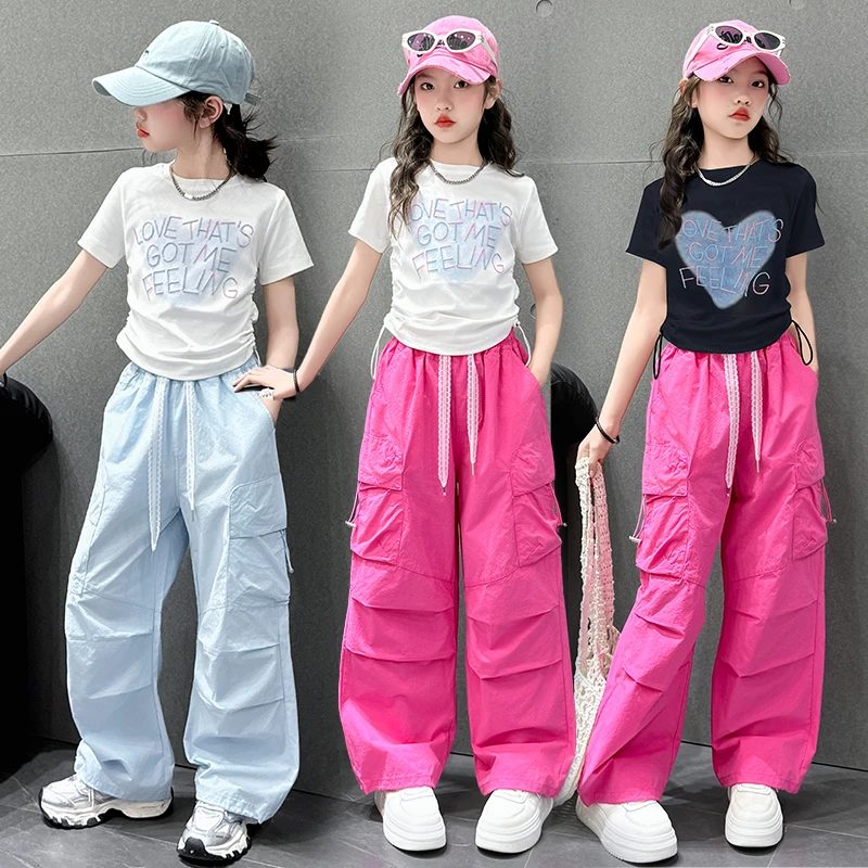 女童夏季套装2025新款儿童洋气时髦短袖t恤工装裤中大童两件套潮