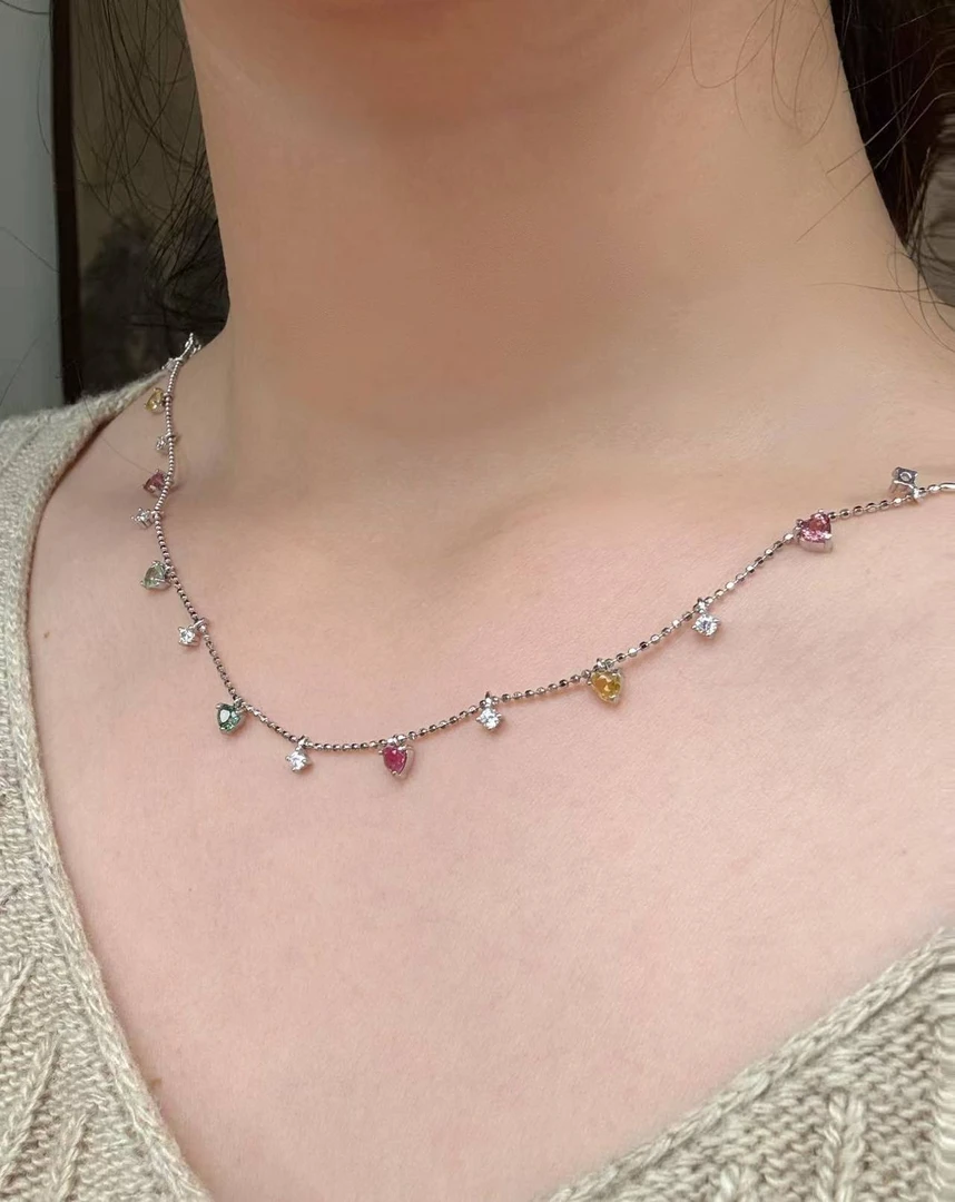 天然精品全净体巴西碧玺满天星银925项链 锁骨链