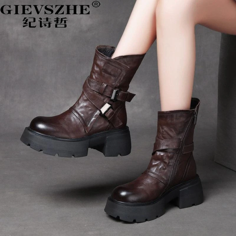 纪诗哲女靴真皮马丁靴女秋冬新款时尚厚底复古百搭英伦风中筒靴