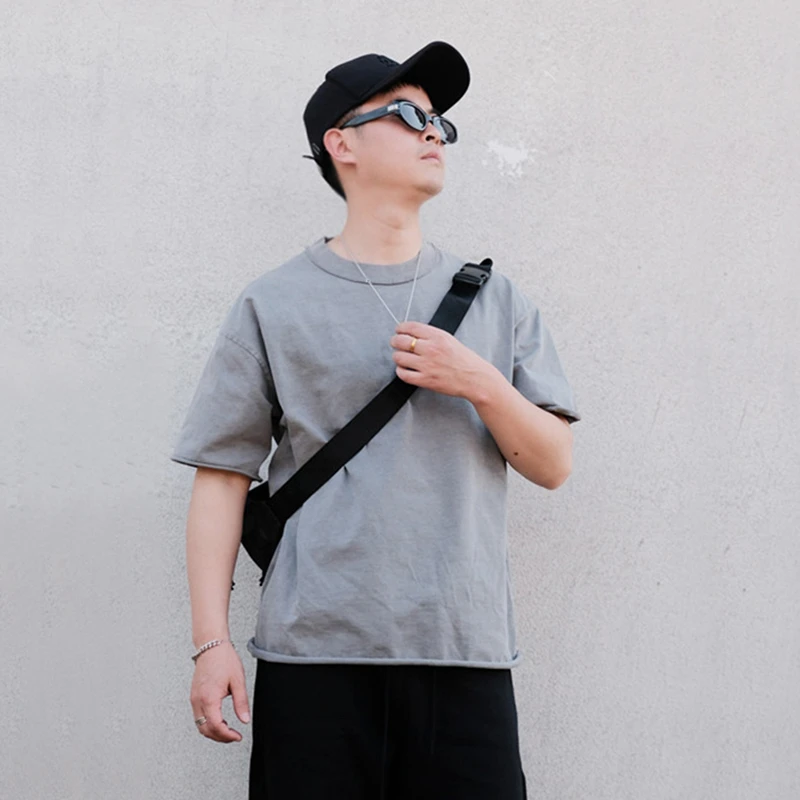 275G重磅水洗做旧毛边t恤男夏季美式高街cleanfit短袖内搭打底衫