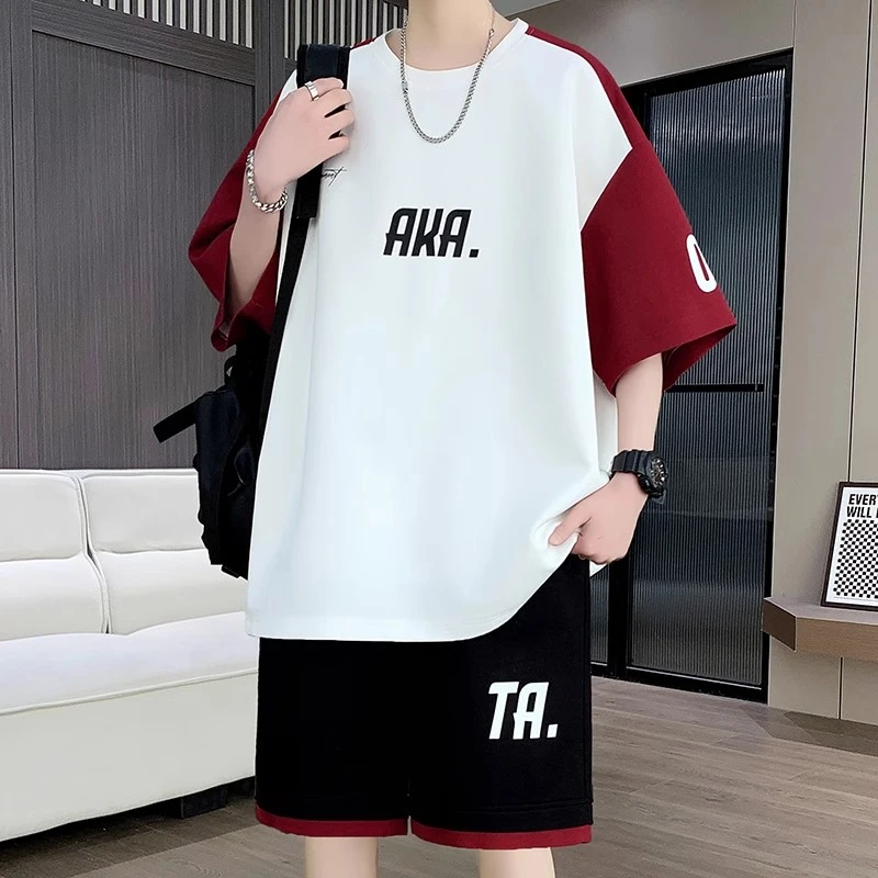 大码夏季学生短袖短裤一套穿搭男孩痞帅潮流套装青少年T恤两件套