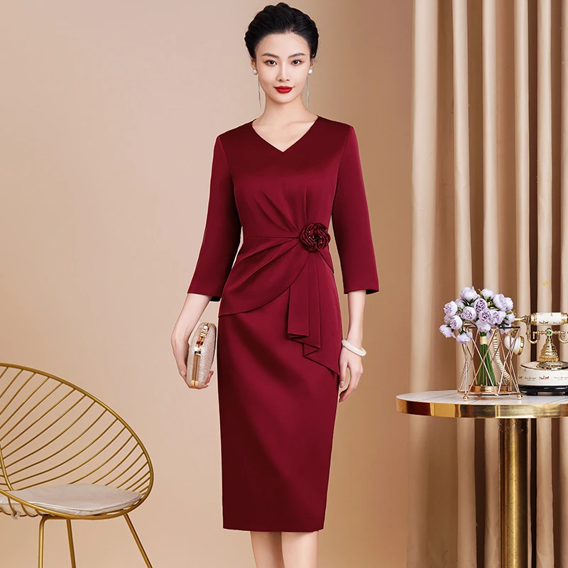 喜婆婆婚宴礼服年轻时尚酒红色喜婆婆套裙显瘦复古气质连衣裙879