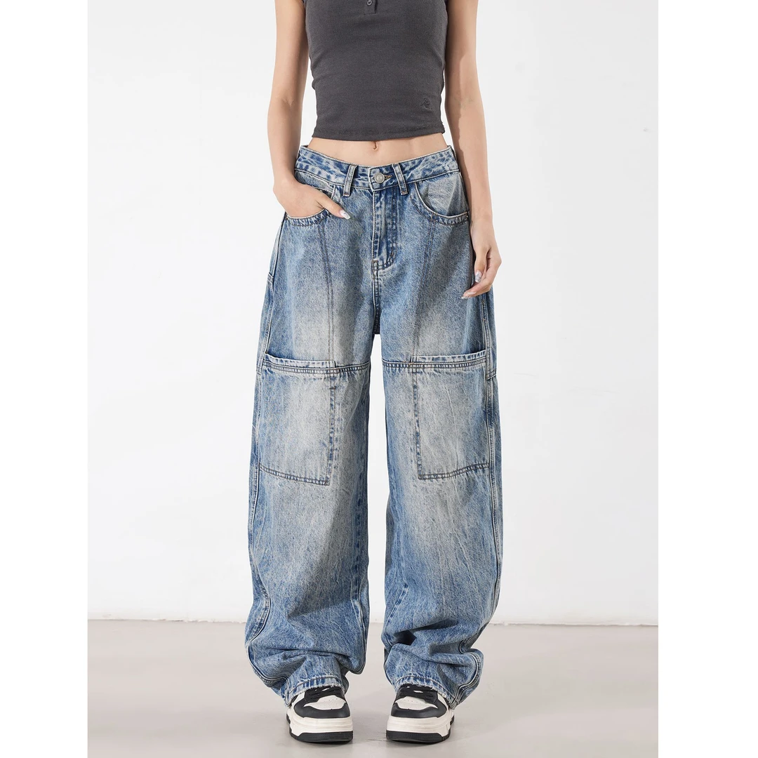 美式复古蓝阔腿弯刀牛仔裤女2025早秋新款宽松显瘦裤子5524#