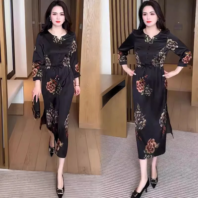 时尚气质连衣裙女2025春季新款高级感显瘦印花抽绳收腰显瘦连衣裙