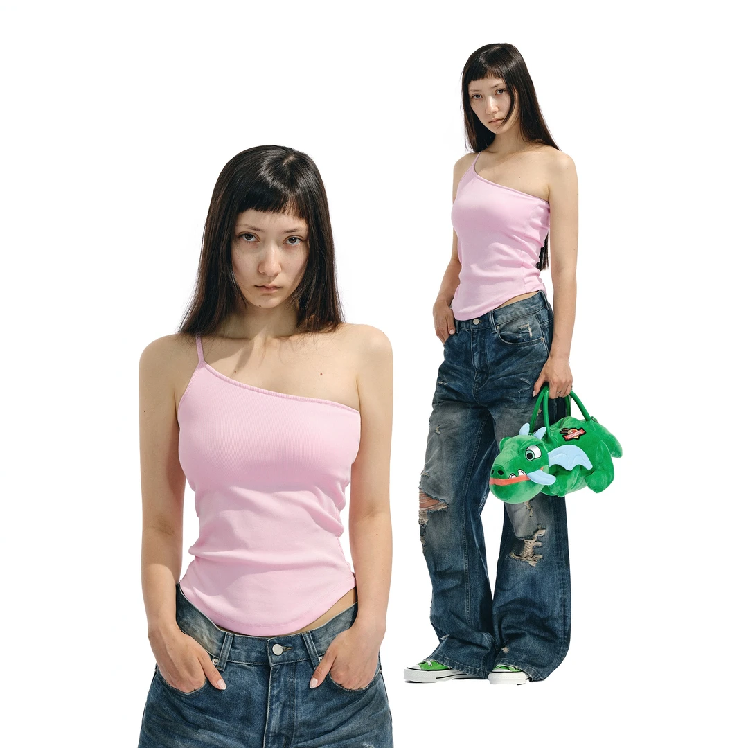 Two little guys*可拆卸杯垫款单肩罗纹弹力背心