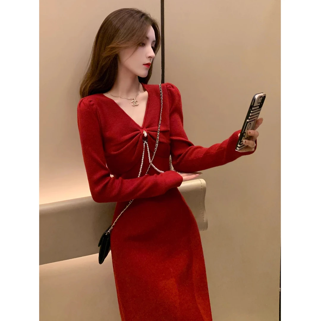 名媛小香风气质淑女红色针织裙子秋季新款洋气外穿回门约会连衣裙