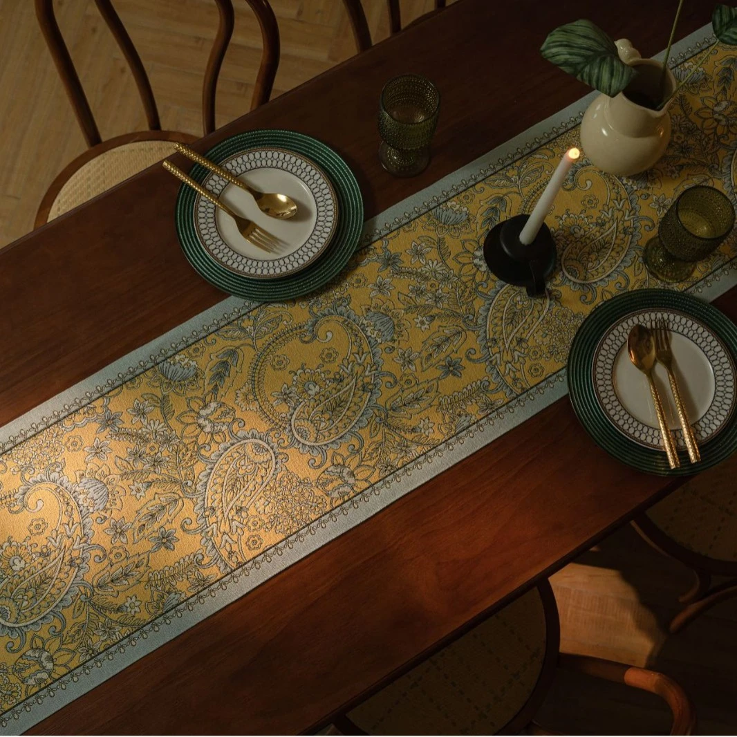 美式长条流苏桌旗黄色佩斯利提花茶旗电视柜餐桌婚礼装饰