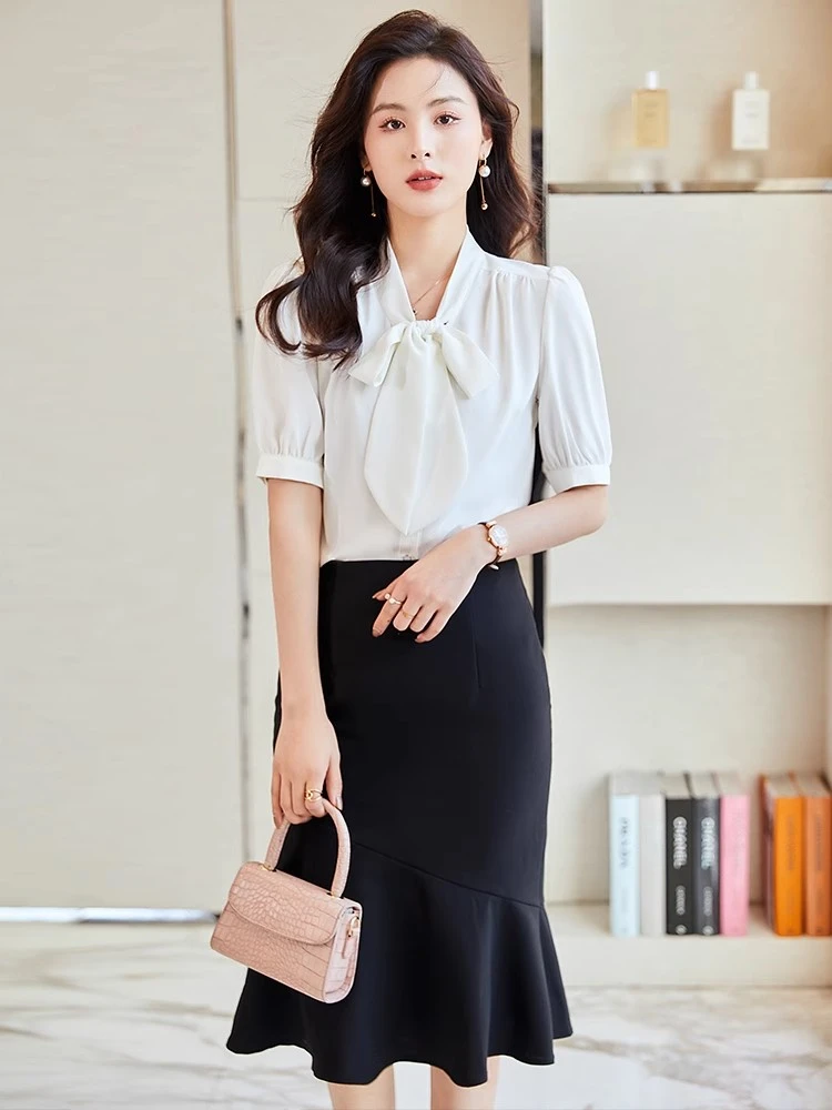 雪纺白色衬衫女职业夏季2025新款小个子轻奢高级感蝴蝶结短袖衬衣