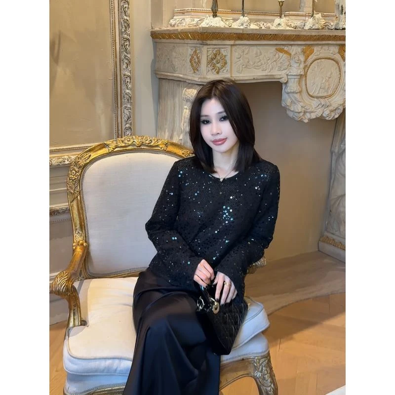 LUXURYMEMO【暗夜星河】珠片双层船领气质显瘦上衣