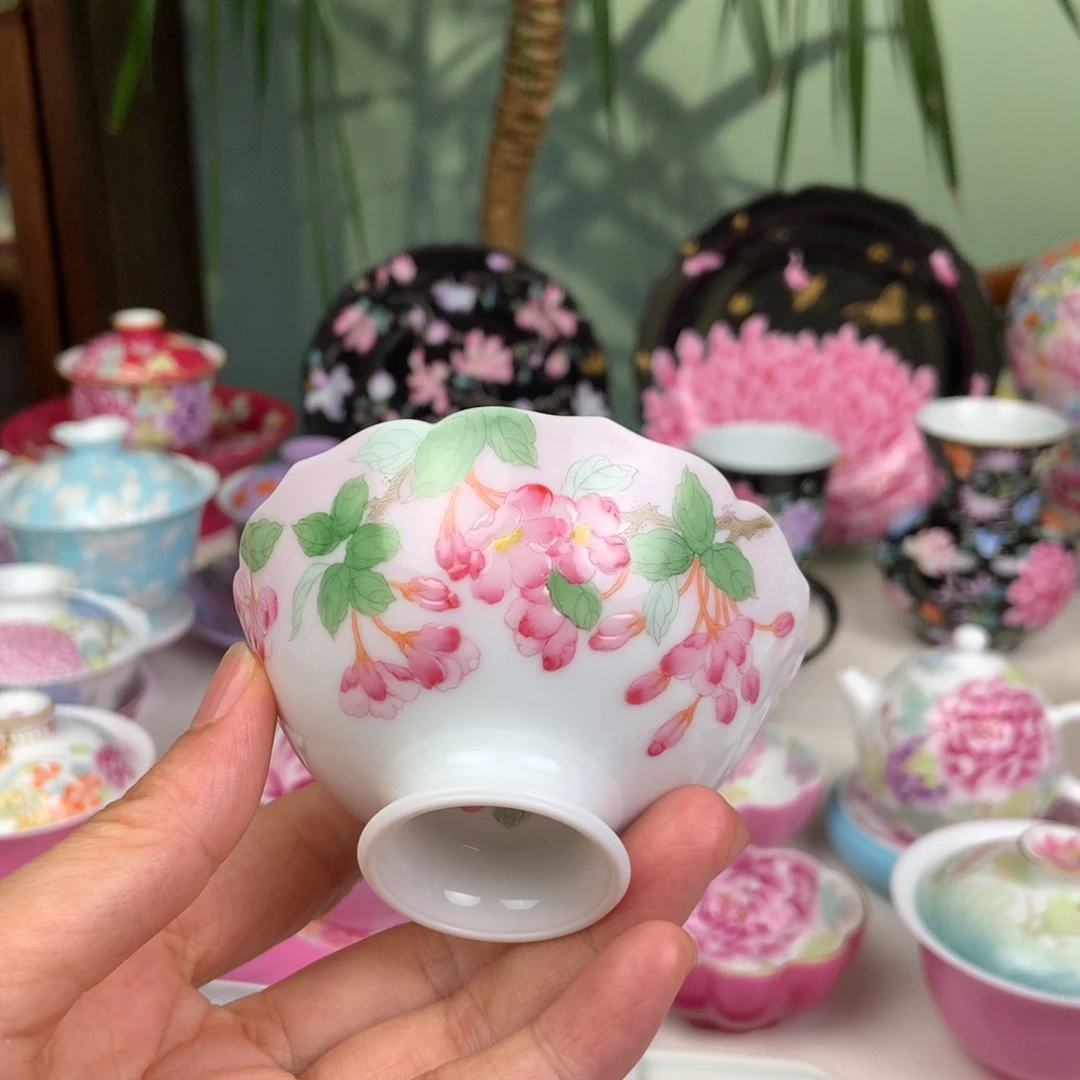 手工手绘海棠花花口杯