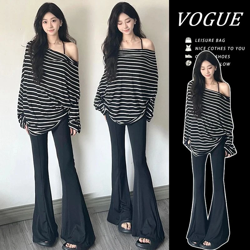 孕妇套装春夏新款时尚韩宽松慵懒风条纹一字肩上衣显瘦喇叭裤子潮