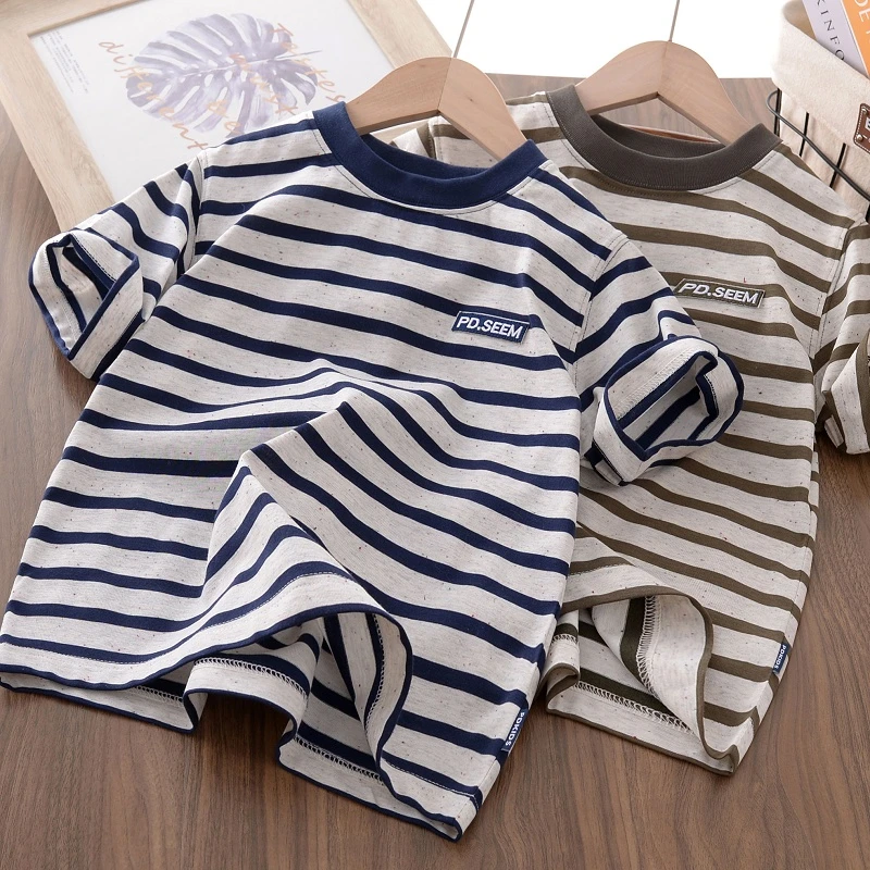 男童彩棉条纹短袖T恤2025夏季宽松圆领体恤潮上衣中大童休闲半袖t