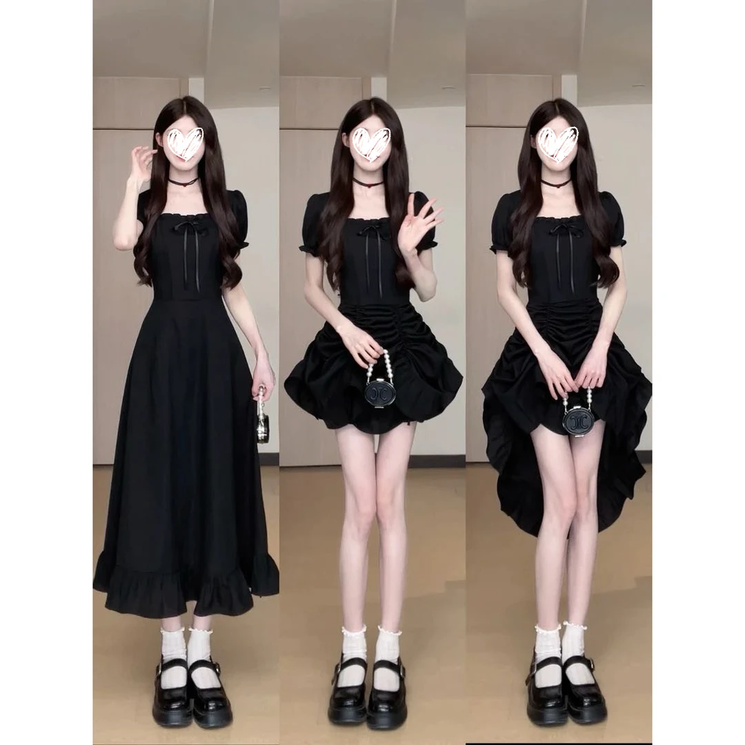 方领纯色短袖长裙夏季气质感收腰显瘦连衣裙