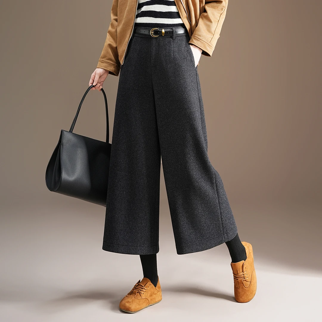 小个子百搭显高显瘦灰色毛呢裤子女秋冬宽松保暖高腰阔腿裤靴裤95