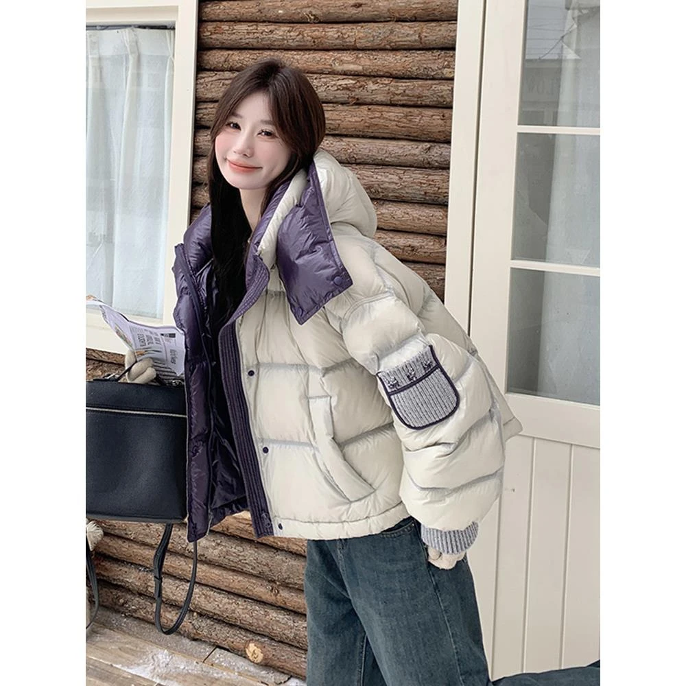 撞色拼接短款连帽龟背羽绒服女冬季2025新款韩系面包服保暖厚外套