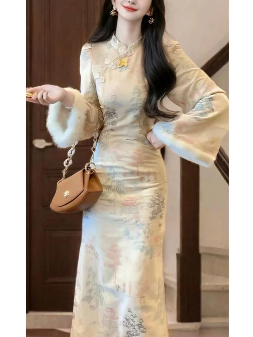 新中式气质高级感提花连衣裙女装2025秋冬新款时尚优雅旗袍长裙子