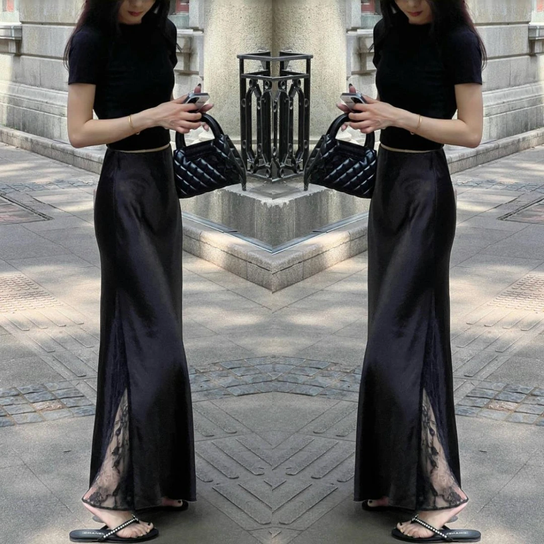 LAOYM（蕾丝缎面）气质百搭醋酸缎面拼接蕾丝半身裙显瘦气质长裙子