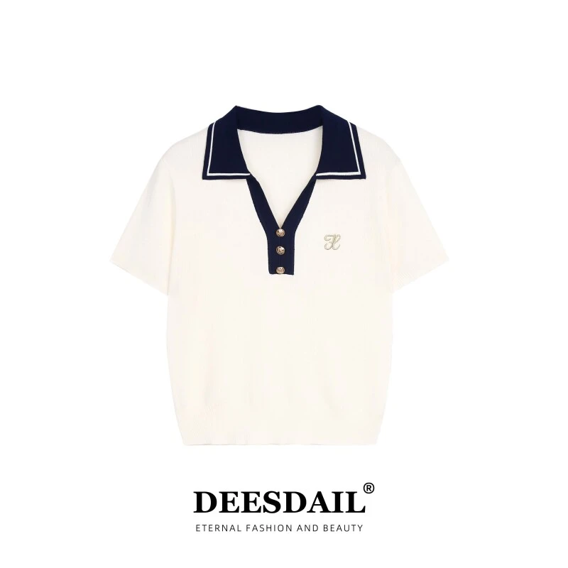 【317】DEESDAIL奶白色polo领短袖高档上衣显瘦t恤女装Y348