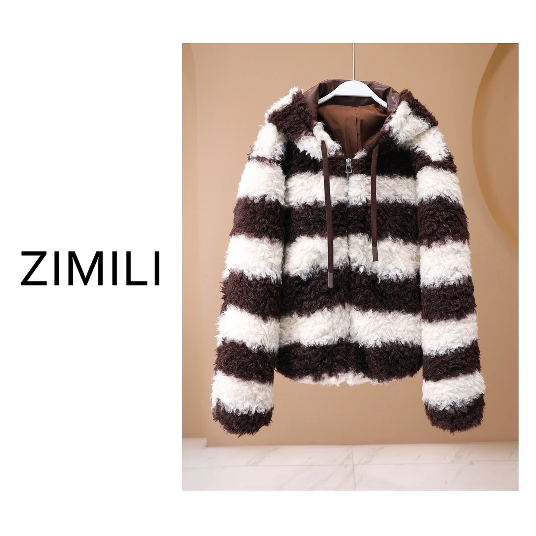 【亮哥女装】2024冬季咖色条纹欧毛毛衣小众设计欧版外套5168