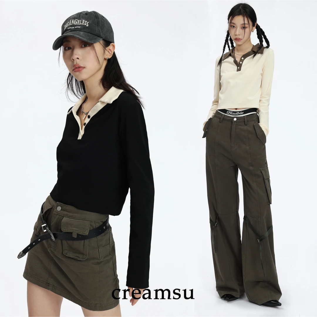 CREAMSU美式复古POLO领长袖T恤女秋季设计感小众正肩短款显瘦上衣