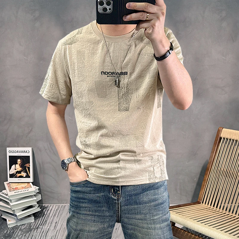老钱风短袖t恤男复古休闲印花男装半袖修身凉感透气薄款圆领体恤