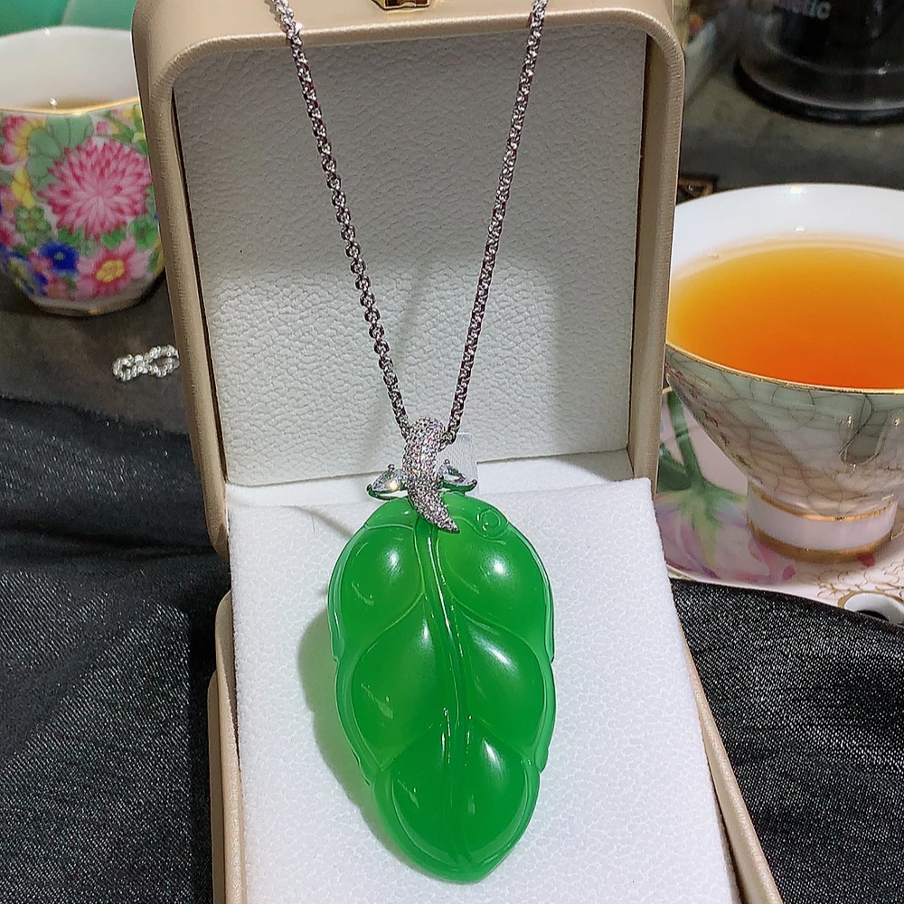 「霞姐珠宝」天然绿玉髓土豪款大金枝玉叶s925银镶嵌吊坠