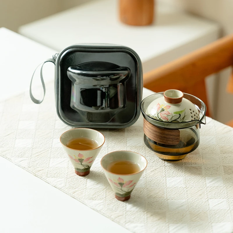 赞朴新中式纯手绘荷韵旅行茶具套装陶瓷一壶二杯快客杯泡茶器女士
