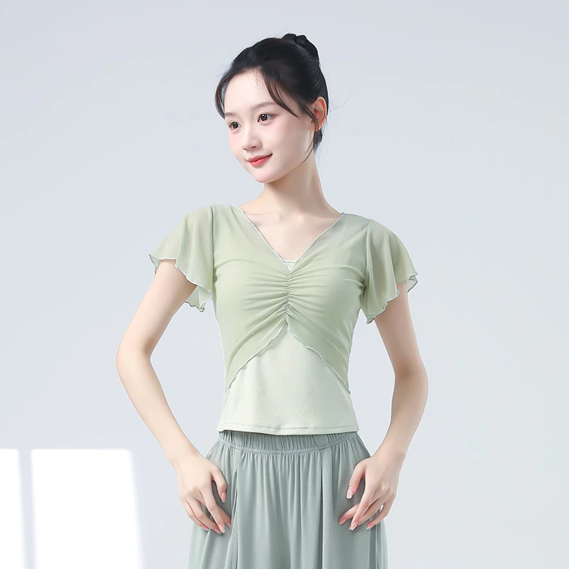 夏季新款网纱褶皱小飞袖上衣女修身现代舞蹈练功服日常形体训练服